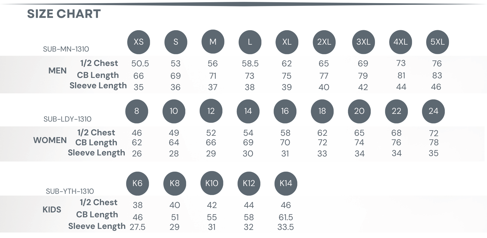 Sublimated Sports Tee size chart